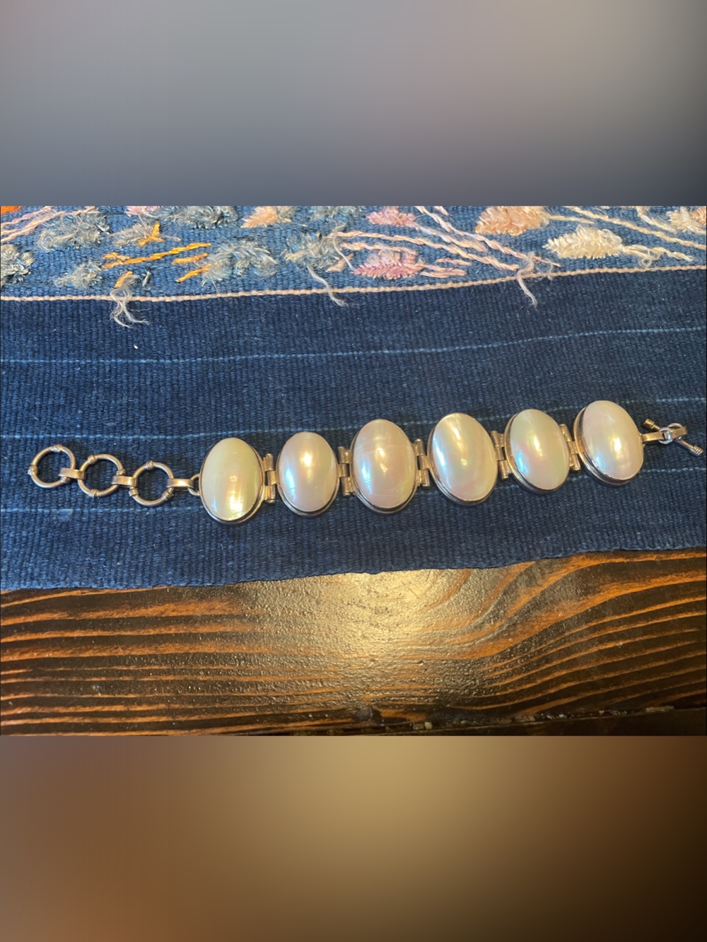 Vintage Sterling Silver Mother of Pearl Graduated Panel Link Bracelet 925